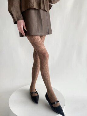 Women's Floral Lace Pattern Flower Mesh Brown Fishnet Tights Pantyhose Stockings